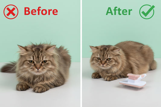 Cat being groomed with a brush, showing before and after results.