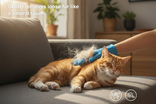 Cat lying on a person's lap with pet grooming tools, emphasizing soft silicone bristles for pet care.