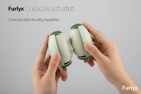 Two hands holding a washable hair stick with text indicating its washability, viscosity, and recyclability.